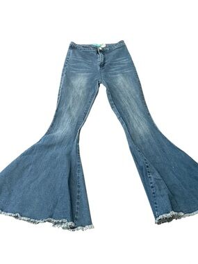 Turquoise Haven Bell Bottom Jeans, Stretch, Raw Hem, Whisker Front, Size Small